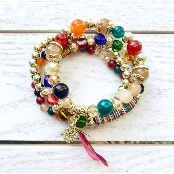 Beads Charm Vintage Bohemian Feather Bracelet Multi color Palm Feather - Picture 2 of 3